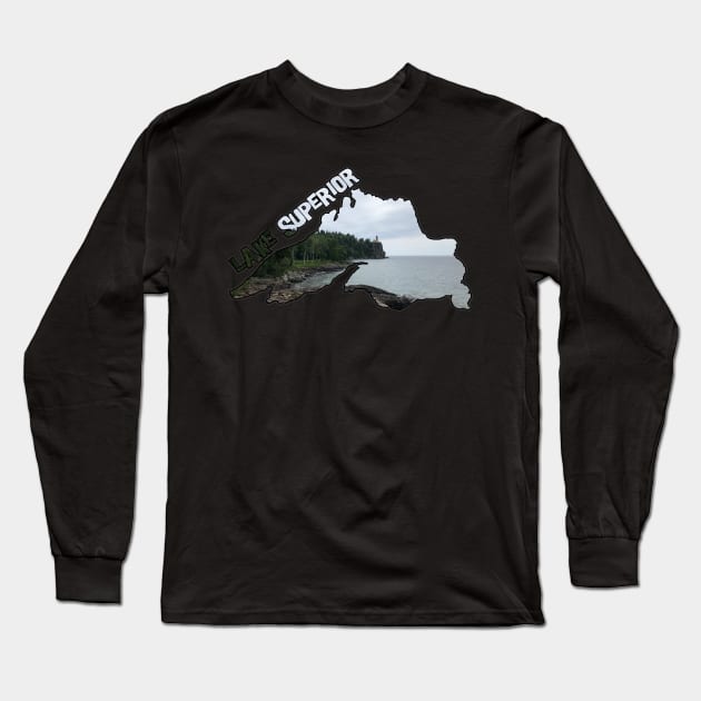 Lake Superior Outline (Split Rock Lighthouse) Long Sleeve T-Shirt by gorff